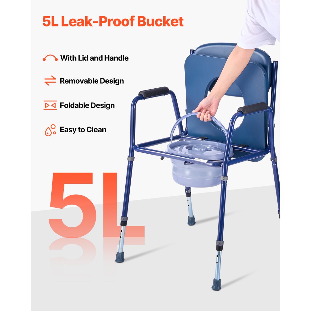 VEVOR Silla con Inodoro Portátil 3 en 1, Capacidad de 181 kg, con Asiento y Respaldo Acolchados, Cubo Desmontable de 5 L, Altura Ajustable, para Adultos Mayores, 530-550 x 565 x 815-915 mm, Azul