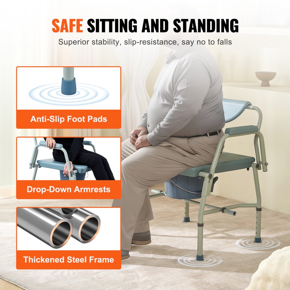 VEVOR Silla cómoda, silla de noche con reposabrazos plegables y respaldo extraíble, asiento de inodoro ajustable en altura de 5 niveles, cubo extraíble de 7 L, capacidad de carga 1000 libras