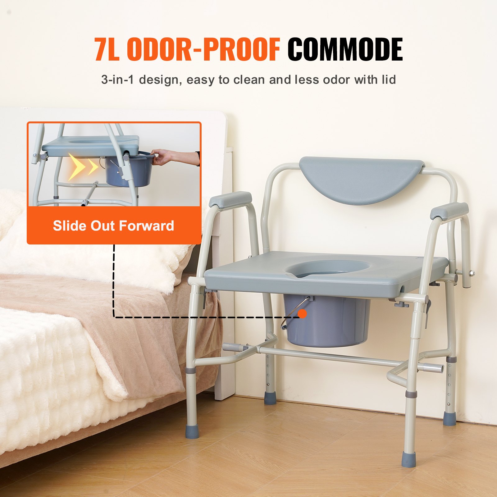 VEVOR Silla cómoda, silla de noche con reposabrazos plegables y respaldo extraíble, asiento de inodoro ajustable en altura de 5 niveles, cubo extraíble de 7 L, capacidad de carga 1000 libras