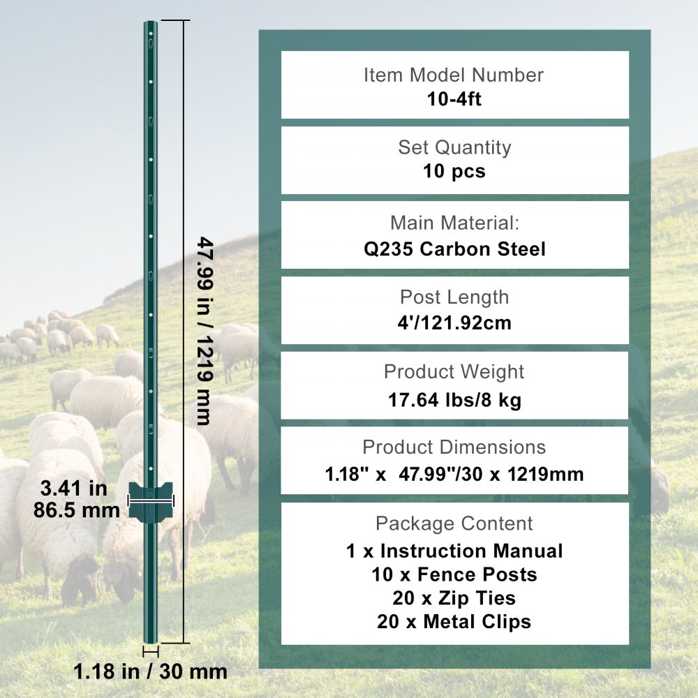 VEVOR Postes de Cerca de Metal 121,92 cm Postes de Cerca de Acero al Carbono Resistentes 10 Piezas Postes de Metal para jardín, Césped, Granjas, Cercas al Aire Libre, Huertos, Carreteras, Verde