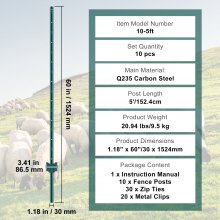 VEVOR Postes Metálicos para Valla 10 Piezas Postes de Cerca 152,4 cm, Verde