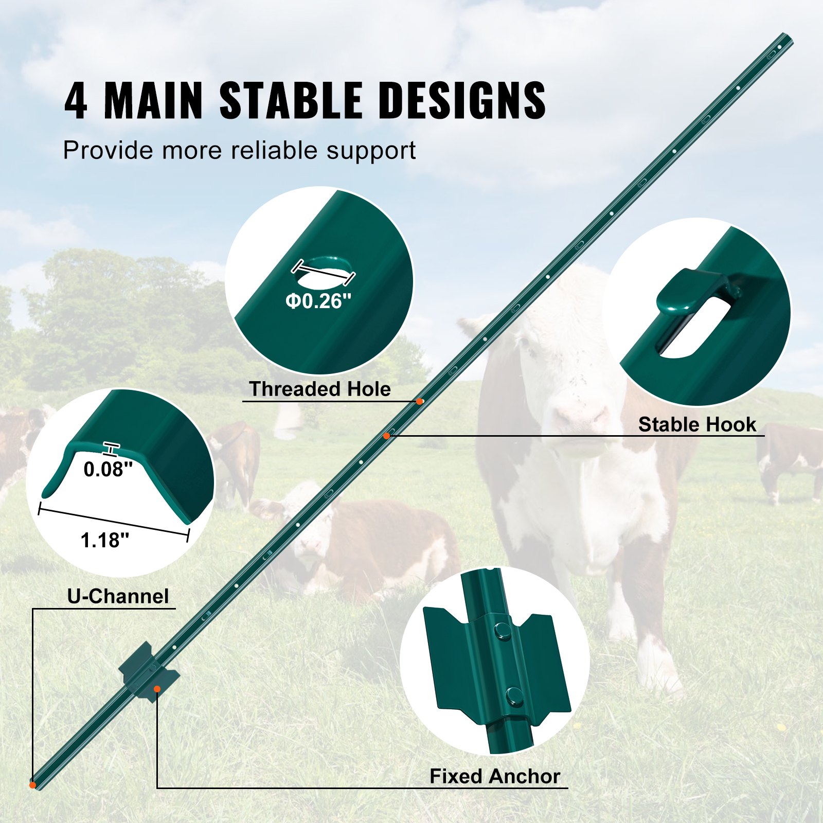 VEVOR Postes de Cerca de Metal 182,88 cm Postes de Cerca de Acero al Carbono Resistentes 6 Piezas Postes de Metal para jardín, Césped, Granjas, Cercas al Aire Libre, Huertos, Carreteras, Verde