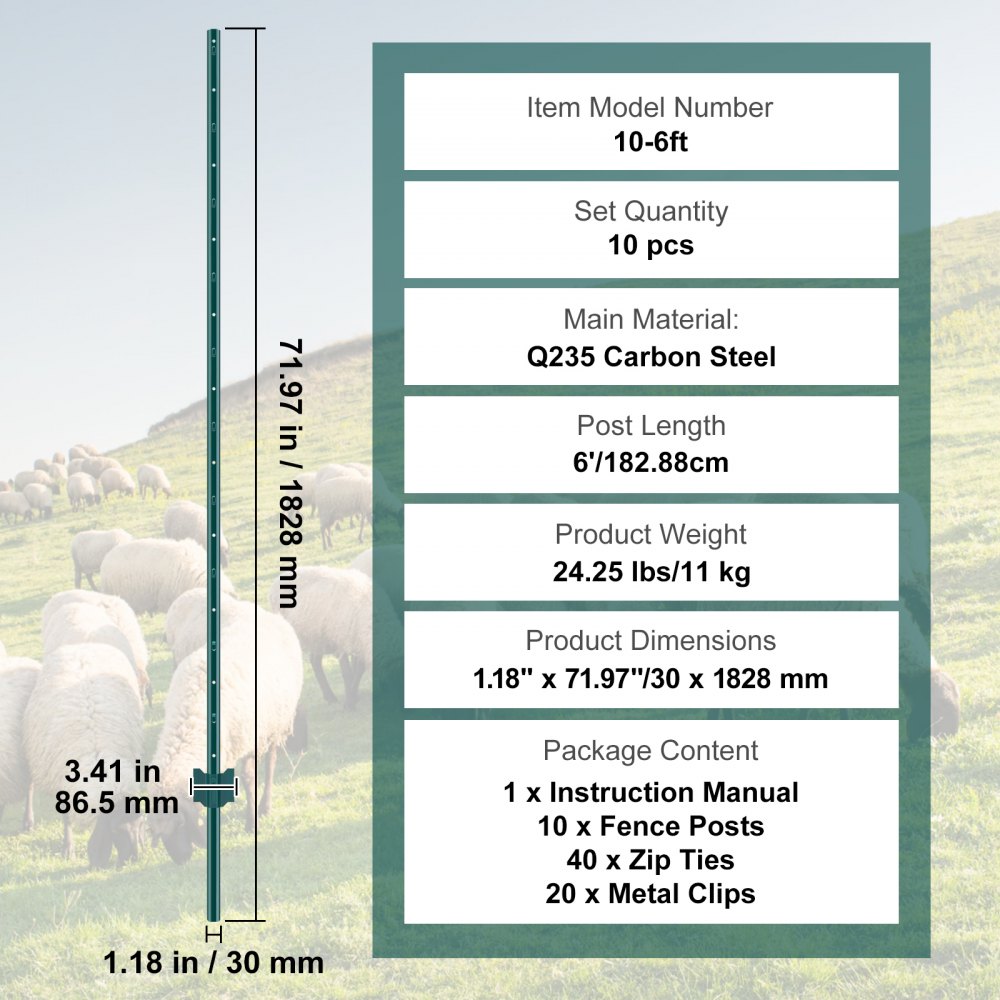 VEVOR Postes Metálicos para Valla 10 Piezas Postes de Cerca 182,88 cm, Verde