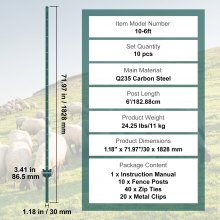 VEVOR Postes Metálicos para Valla 10 Piezas Postes de Cerca 182,88 cm, Verde