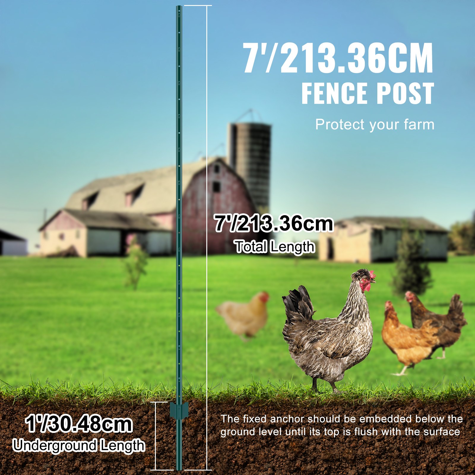 VEVOR Postes de Cerca de Metal 213,36 cm Postes de Cerca de Acero al Carbono Resistentes 10 Piezas Postes de Metal para jardín, Césped, Granjas, Cercas al Aire Libre, Huertos, Carreteras, Verde