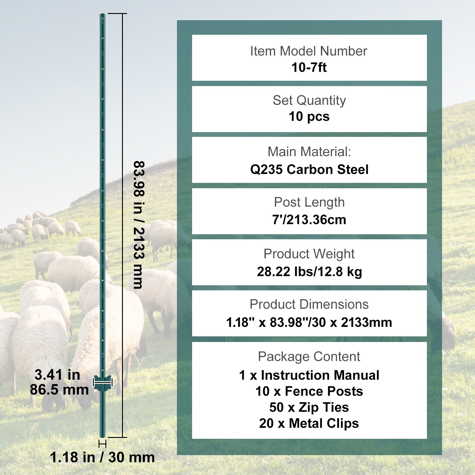 VEVOR Postes de Cerca de Metal 213,36 cm Postes de Cerca de Acero al Carbono Resistentes 10 Piezas Postes de Metal para jardín, Césped, Granjas, Cercas al Aire Libre, Huertos, Carreteras, Verde