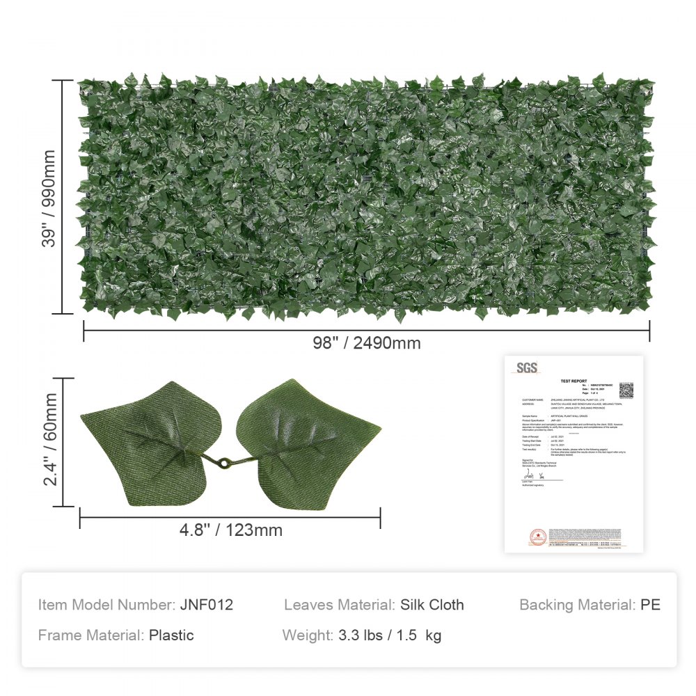 VEVOR Valla de Privacidad de Hiedra, Pantalla de Pared Verde Artificial, Valla de Hiedra Verde con Respaldo de Tela de Malla, Setos Falsos Decoración de Hojas de Vid para Jardín al Aire Libre