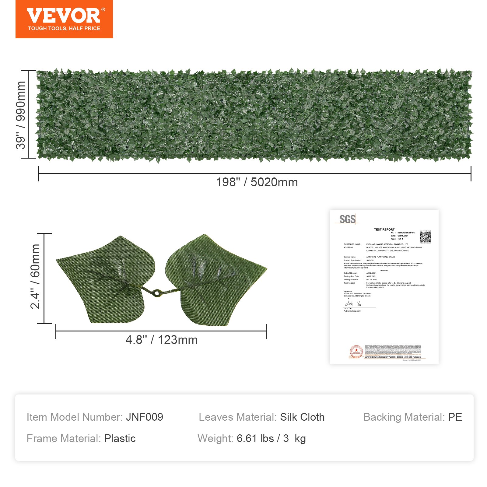 VEVOR Privacy Fence 990x5020mm Artificial Green Wall Screen Ivy Fence with Mesh Backing and Reinforced Connection, Artificial Hedges with Vine Leaves as Decoration for Garden, Yard, Balcony