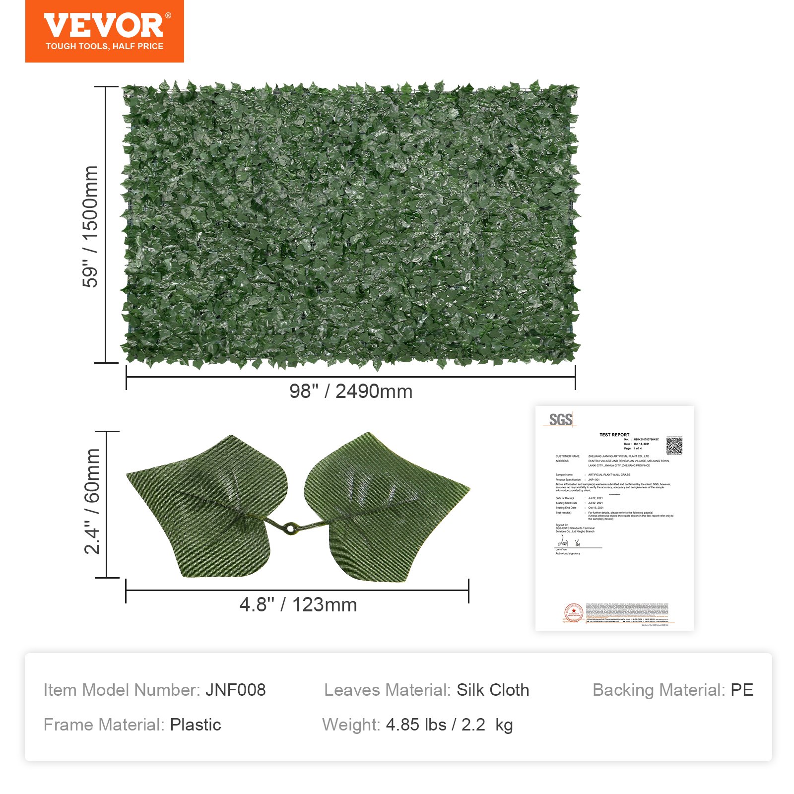 VEVOR Valla de Privacidad de Hiedra, Pantalla de Pared Verde Artificial, Valla de Hiedra Verde con Respaldo de Tela de Malla y Junta Reforzada, Setos Falsos Decoración de Hojas de Vid para Jardín
