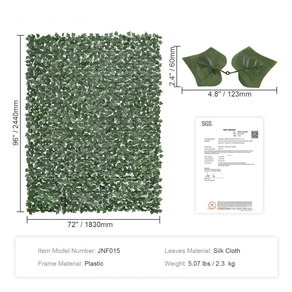 VEVOR Valla de Privacidad de Hiedra, 2440 x 1830 mm Pantalla de Pared Verde Artificial, Valla de Hiedra Verde con Junta Reforzada, Setos Sintéticos Decoración de Hojas de Vid para Jardín, Patio