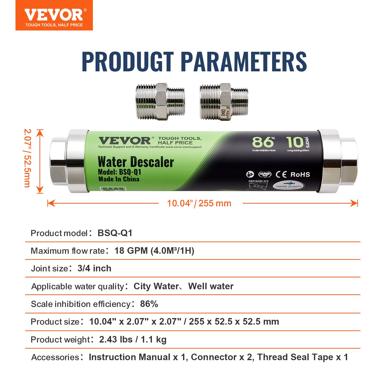 VEVOR Descalcificador sin Sal para Toda la Casa, Descalcificador Físico para Agua de la Ciudad, para Todo Tipo de Tuberías de Plomería, Durante más de 10 Años, 4,0 m³/h, 255 x 52,5 x 52,5 mm, Negro