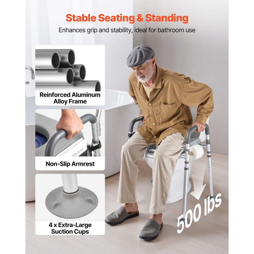 VEVOR Silla con Inodoro Portátil 4 en 1, Carga de Peso 226 kg, con Asiento y Reposabrazos Acolchados, Cubo Desmontable de 5 L, Altura y Ancho Ajustables, para Adultos Mayores, 610 x 710 x 760 mm