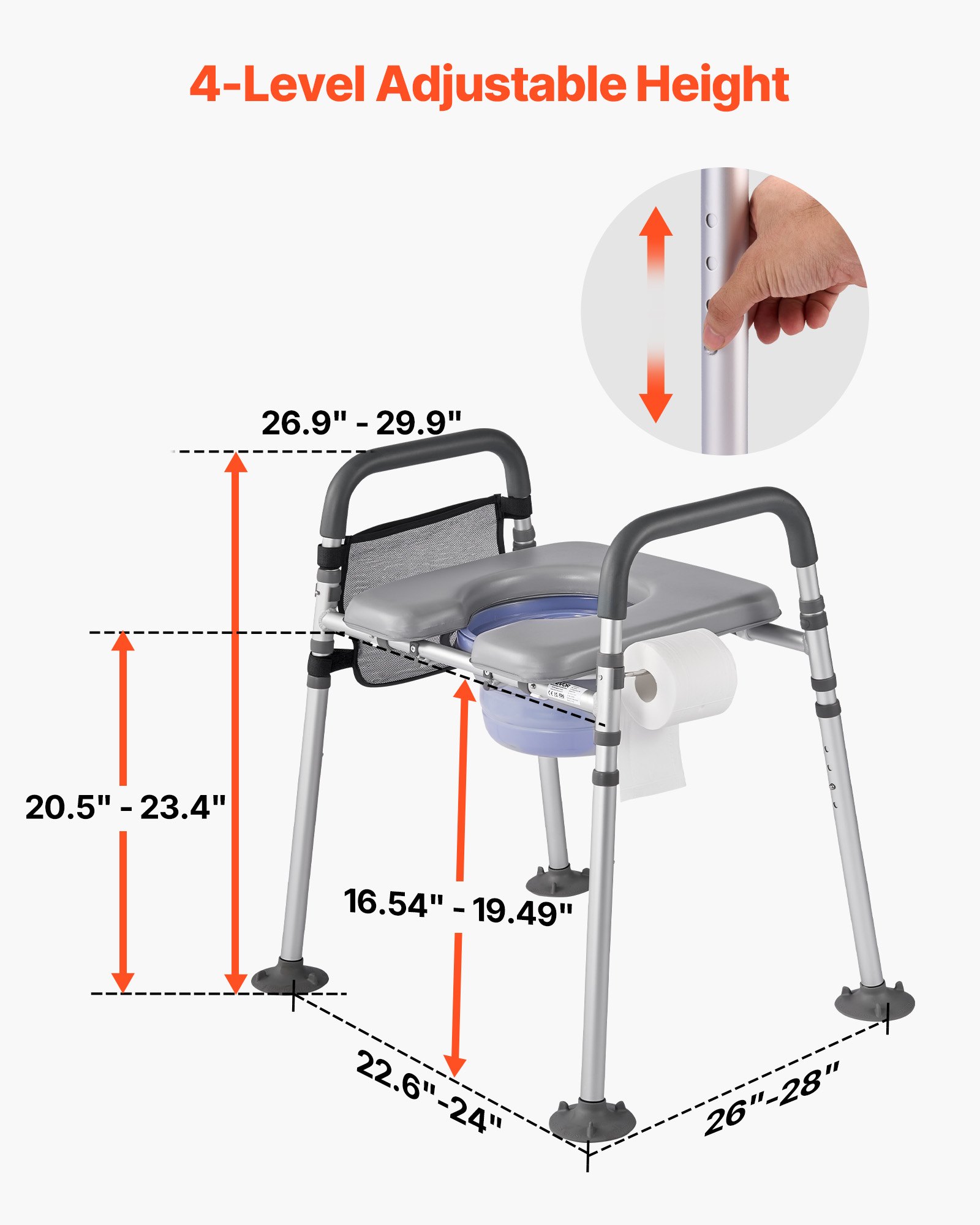 VEVOR Silla con Inodoro Portátil 4 en 1, Carga de Peso 226 kg, con Asiento y Reposabrazos Acolchados, Cubo Desmontable de 5 L, Altura y Ancho Ajustables, para Adultos Mayores, 610 x 710 x 760 mm