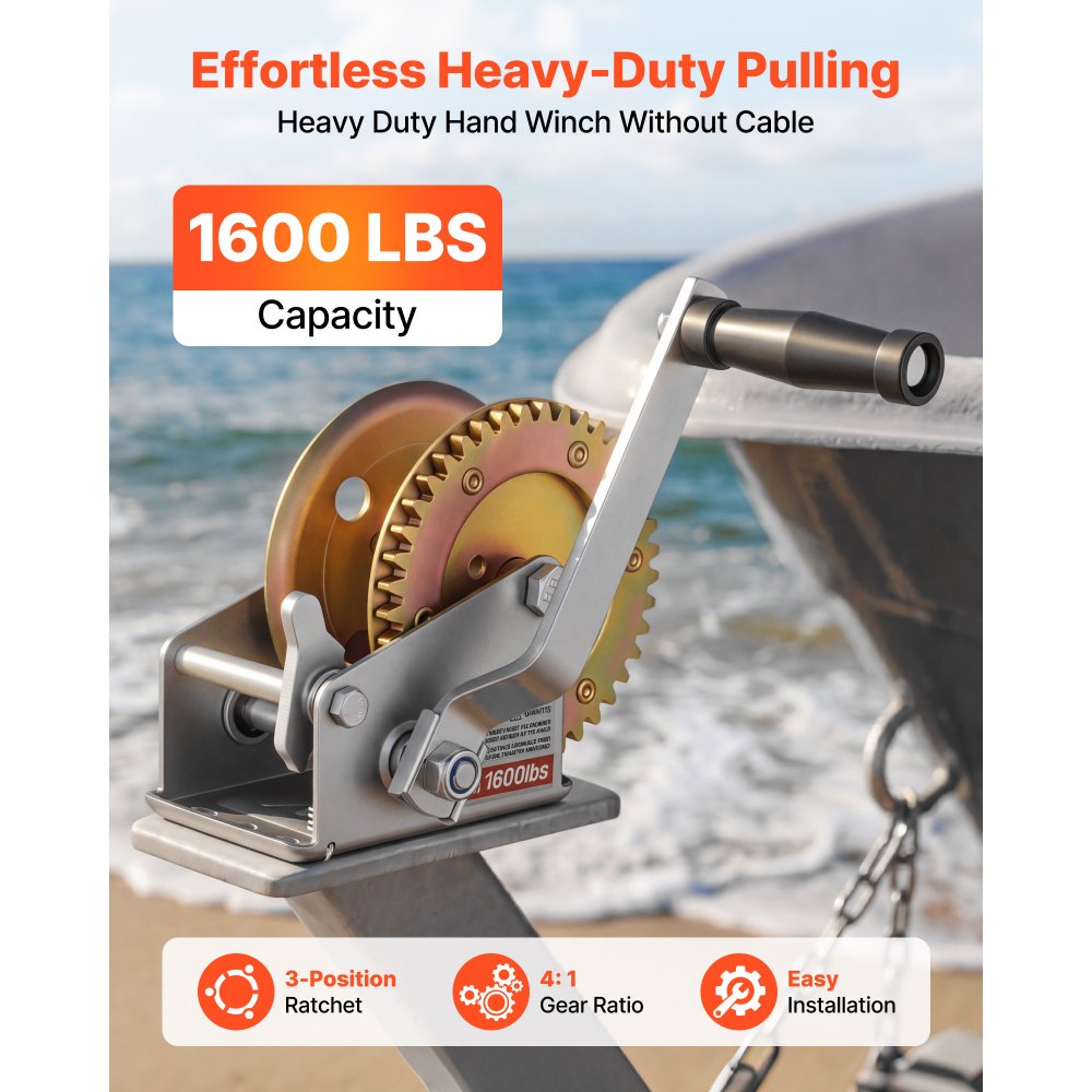 VEVOR Cabrestante Manual Capacidad de Carga 726 kg, Cabrestante para Remolque de Barco con Manivela, Trinquete Bidireccional de 3 Posiciones Relación de Engranajes 4 a 1 para Motos Acuáticas Lanchas