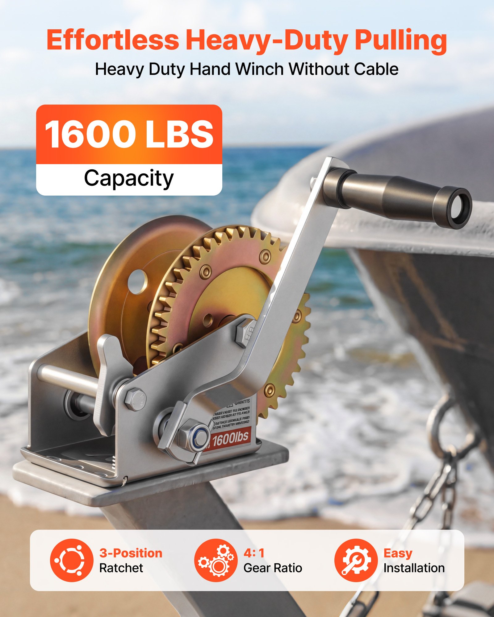 VEVOR Cabrestante Manual Capacidad de Carga 726 kg, Cabrestante para Remolque de Barco con Manivela, Trinquete Bidireccional de 3 Posiciones Relación de Engranajes 4 a 1 para Motos Acuáticas Lanchas