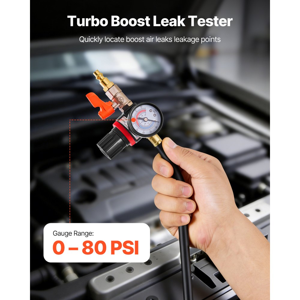 VEVOR Kit de Prueba de Fugas de Turbocompresor, Rango de Manómetro de Válvula de 0 a 80 PSI, Juego de Comprobadores de Fugas para Sistemas Turbo con 4 Pares de Acopladores y Conexiones de Aire
