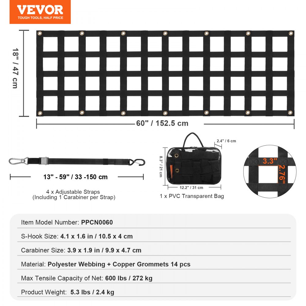 VEVOR tailgate net, 1525 x 470 mm, truck bed net with 4 adjustable telescopic straps, extendable and durable, flexible adjustment, cargo net suitable for pickups, trailers, trucks, Jeeps, SUVs