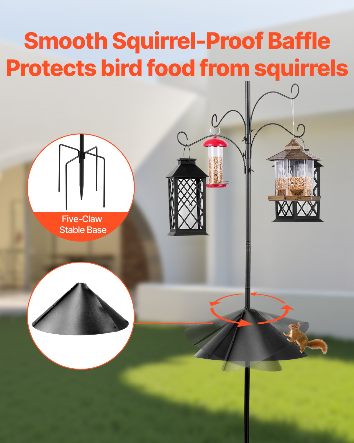 VEVOR Bird Feeding Station Pole with 4 Hooks, 237 cm Wild Bird Food Dispenser Hanging Set, Feeding Station with Squirrel Protection, Stand for Hanging Bird Feeder