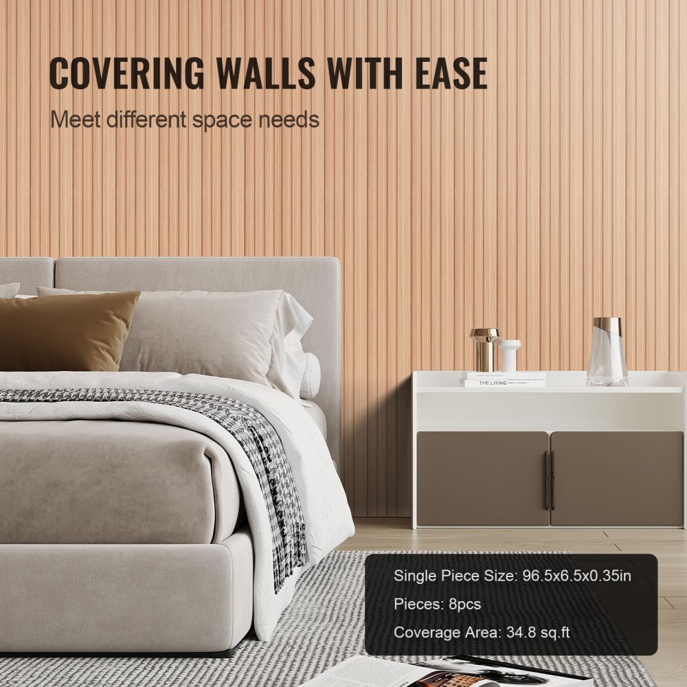 VEVOR Paneles Acústicos de Listones de Madera, con Acento WPC para Paredes Interiores Modernas, para una Decoración Elegante y Reducción de Ruido, Madera de Fresno, 2450 x 166 x 9 mm, 8 Unidades