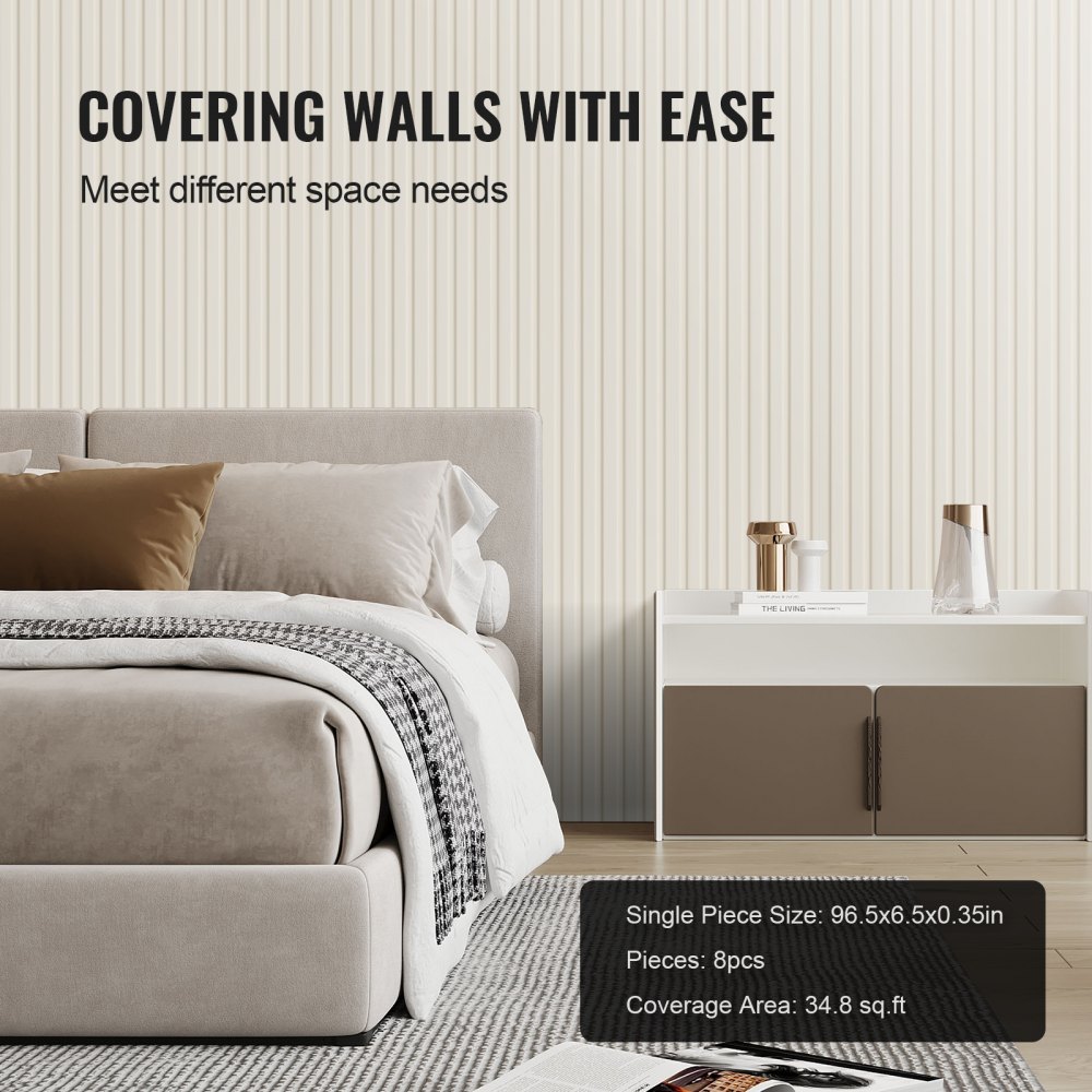 VEVOR Paneles Acústicos de Listones de Madera Sintética con Acento WPC para Paredes Interiores Modernas, para una Decoración Elegante y Reducción de Ruido, Blanco Mate, 2450 x 166 x 9 mm, 8 uds