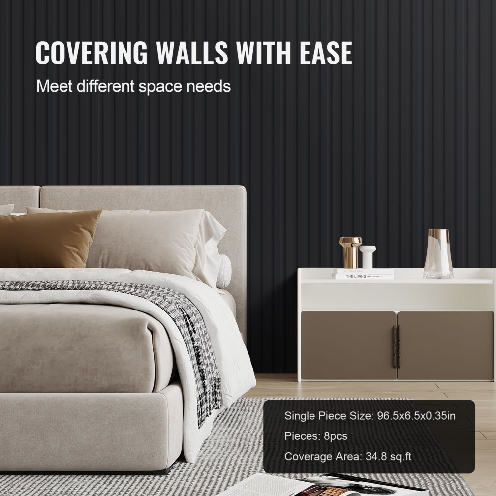 VEVOR Acoustic Panels, 2450x166mm, WPC Accent Wood Wall Panels for Modern Interior Walls, Artificial Wood Wall Panels for Stylish Decor and Noise Reduction, Matte Black, Set of 8