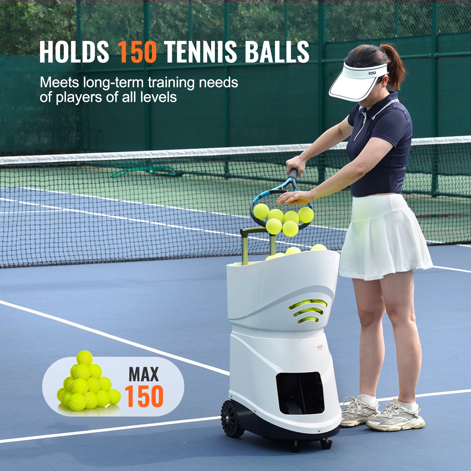 VEVOR Máquina de pelotas de tenis, lanzador automático portátil de pelotas de tenis, lanzador de 150 pelotas, taladro multimodo 5 motores, más de 2 horas de juego, batería recargable, control de aplicación remota