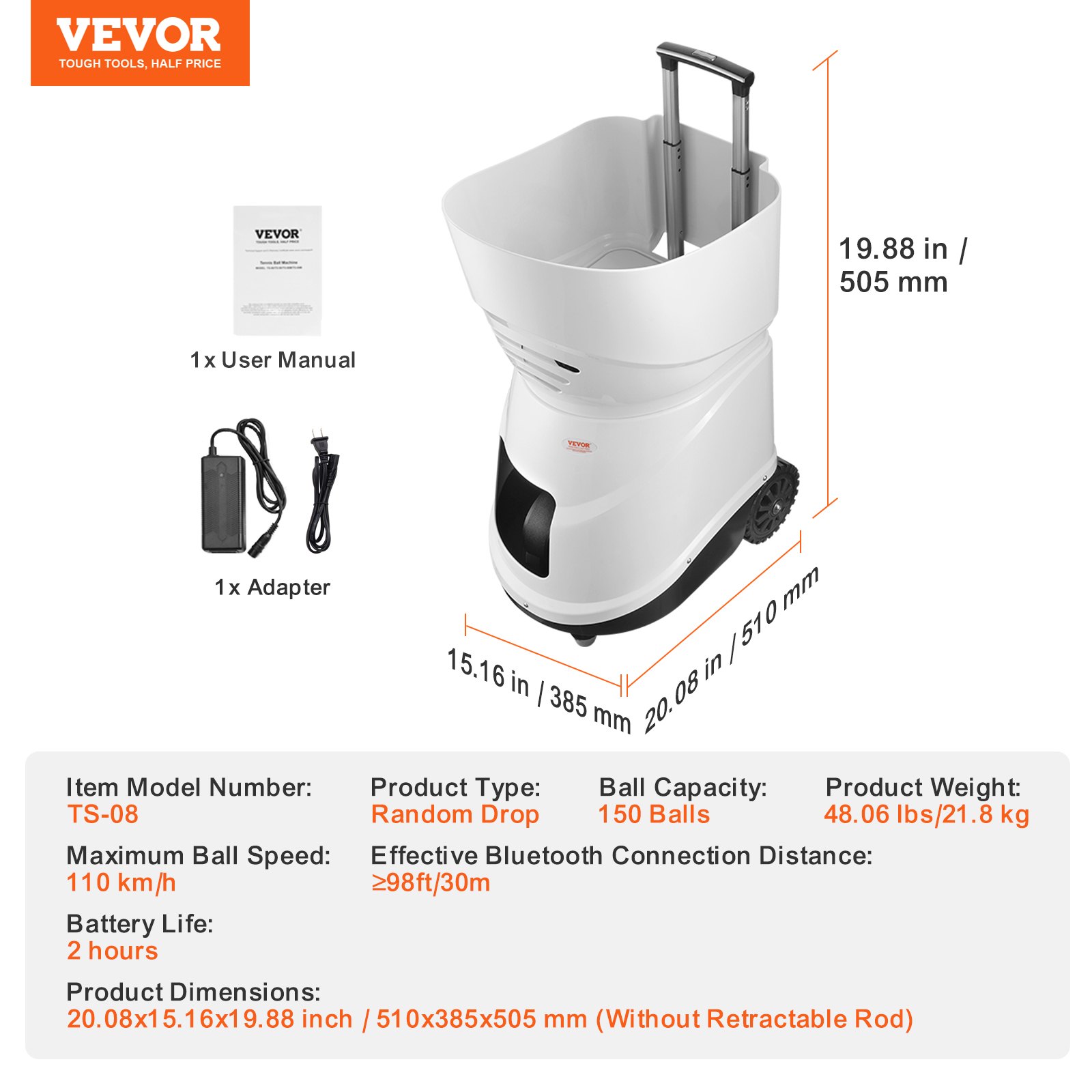 VEVOR Lanzador automático portátil de pelotas de tenis, máquina de pelotas de tenis, lanzador de 150 pelotas, taladro multimodo 5 motores, más de 2 horas de juego, batería recargable, control de aplicación remota