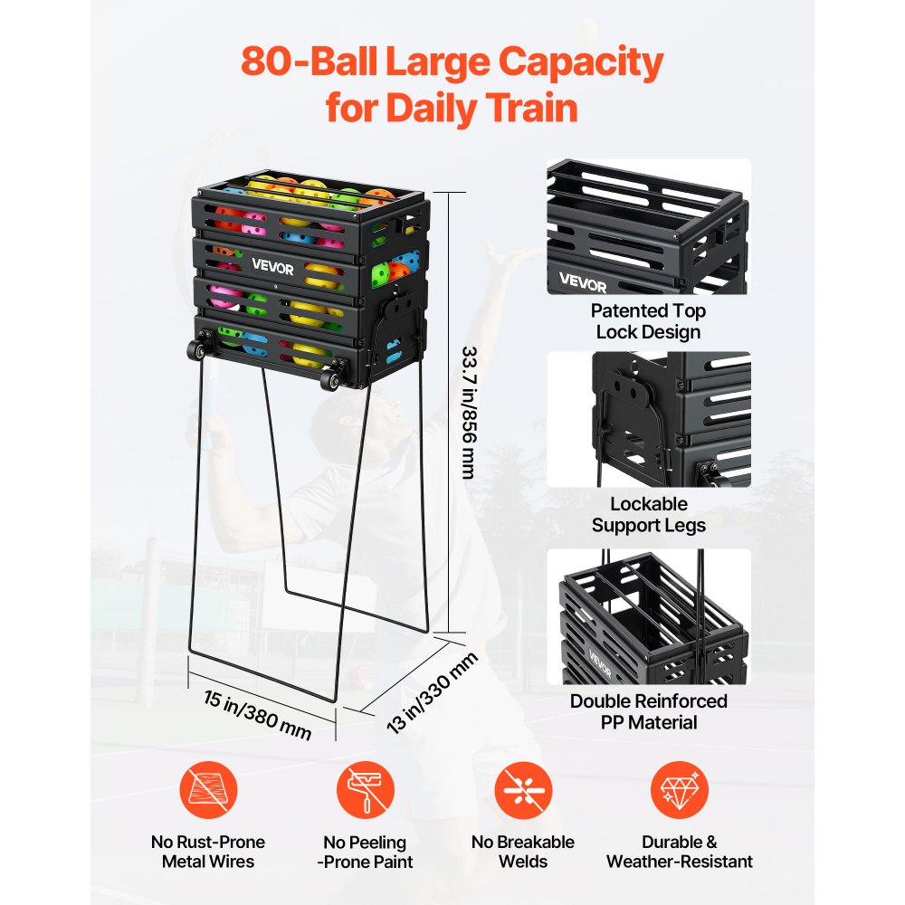 VEVOR Recogepelotas de Tenis con Ruedas y Mango, Cesta Portátil de Tenis con Soporte, Capacidad para 80 Pelotas o 52 Pickleball, Altura Ergonómica, Carro para Entrenamiento Almacenamiento Pista Club