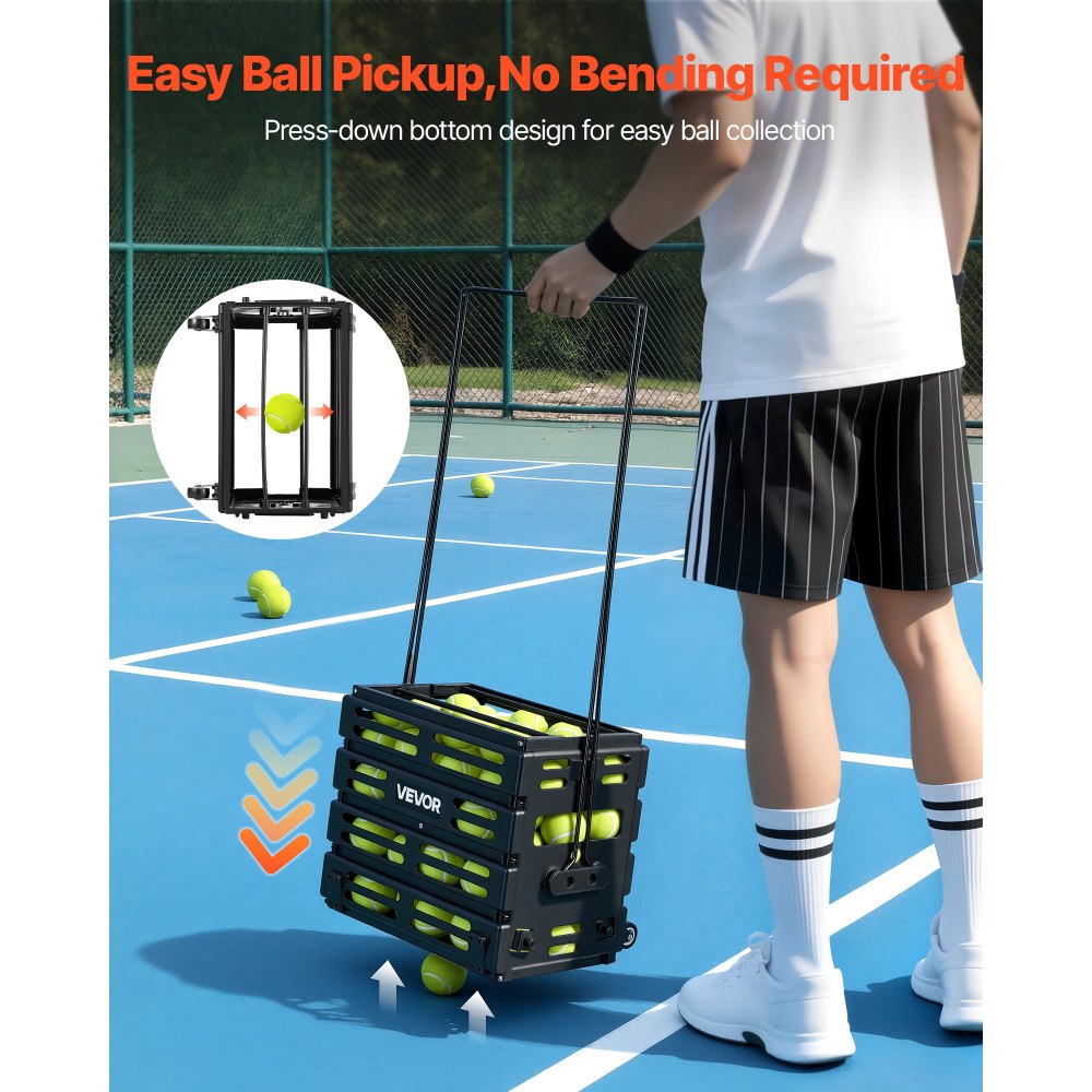 VEVOR Recogepelotas de Tenis con Ruedas y Mango, Cesta Portátil de Tenis con Soporte, Capacidad para 80 Pelotas o 52 Pickleball, Altura Ergonómica, Carro para Entrenamiento Almacenamiento Pista Club