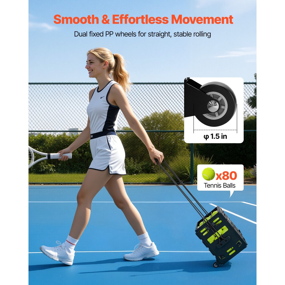 VEVOR Recogepelotas de Tenis con Ruedas y Mango, Cesta Portátil de Tenis con Soporte, Capacidad para 80 Pelotas o 52 Pickleball, Altura Ergonómica, Carro para Entrenamiento Almacenamiento Pista Club