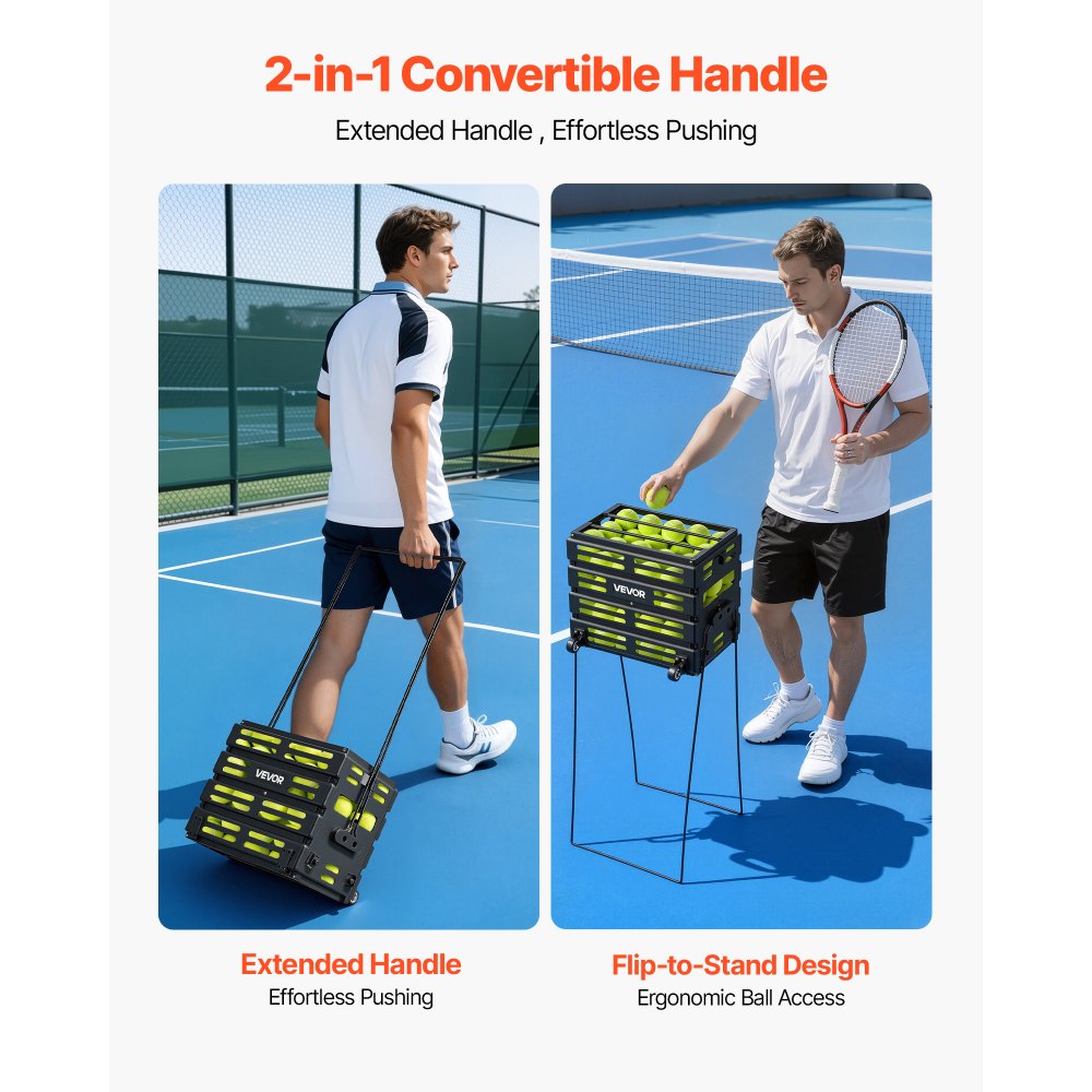 VEVOR Recogepelotas de Tenis con Ruedas y Mango, Cesta Portátil de Tenis con Soporte, Capacidad para 80 Pelotas o 52 Pickleball, Altura Ergonómica, Carro para Entrenamiento Almacenamiento Pista Club