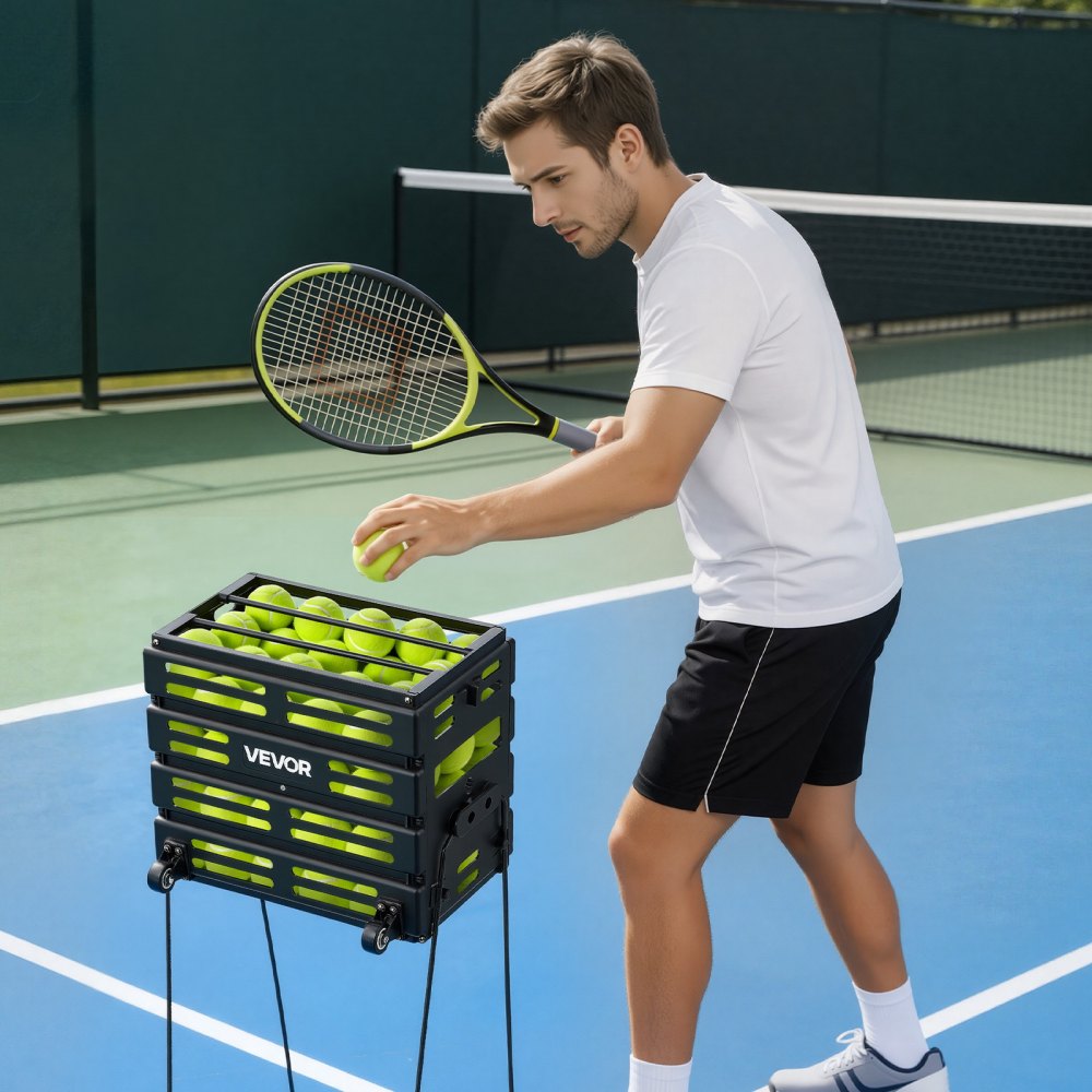 VEVOR Recogepelotas de Tenis con Ruedas y Mango, Cesta Portátil de Tenis con Soporte, Capacidad para 80 Pelotas o 52 Pickleball, Altura Ergonómica, Carro para Entrenamiento Almacenamiento Pista Club