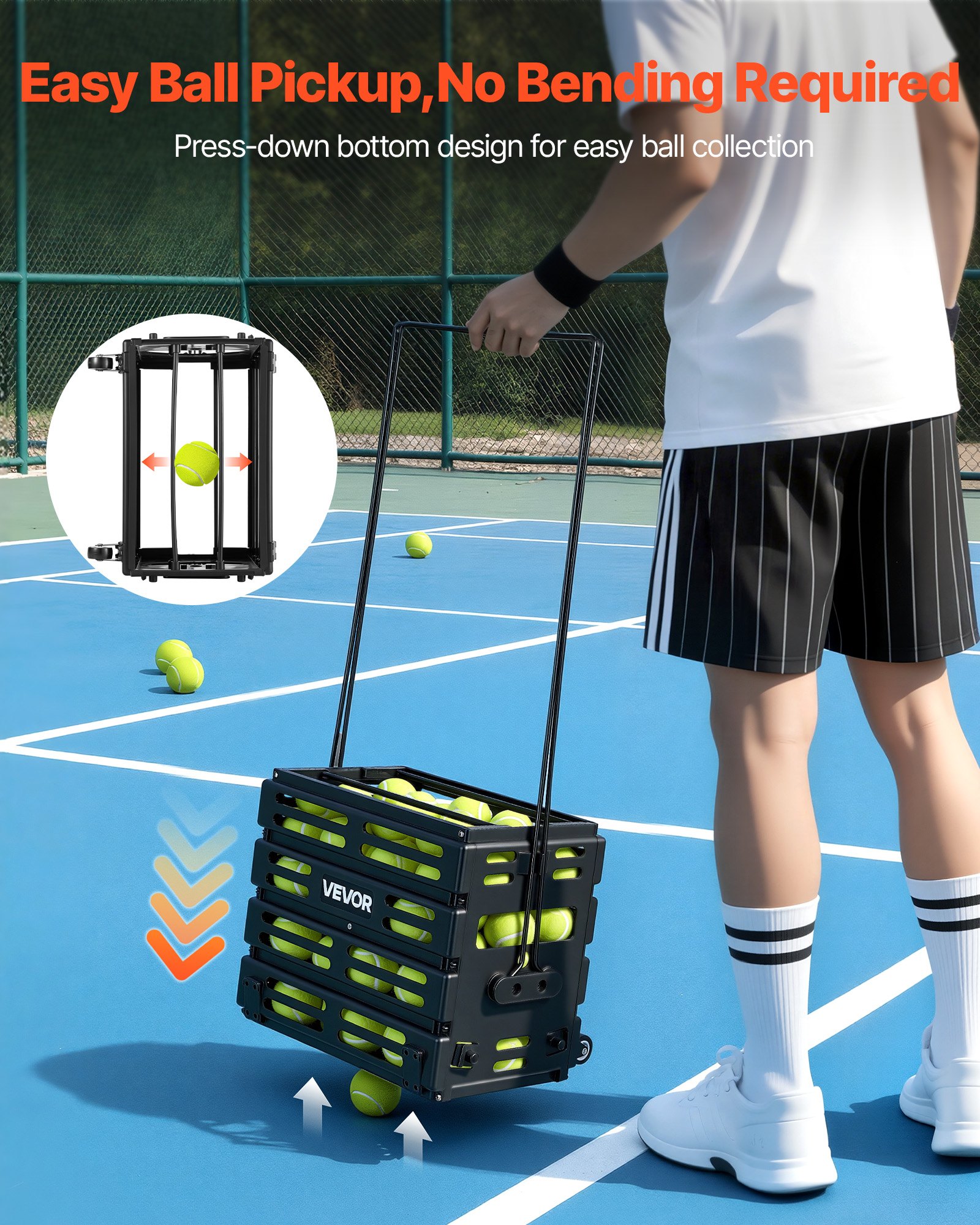 VEVOR Recogepelotas de Tenis con Ruedas y Mango, Cesta Portátil de Tenis con Soporte, Capacidad para 80 Pelotas o 52 Pickleball, Altura Ergonómica, Carro para Entrenamiento Almacenamiento Pista Club