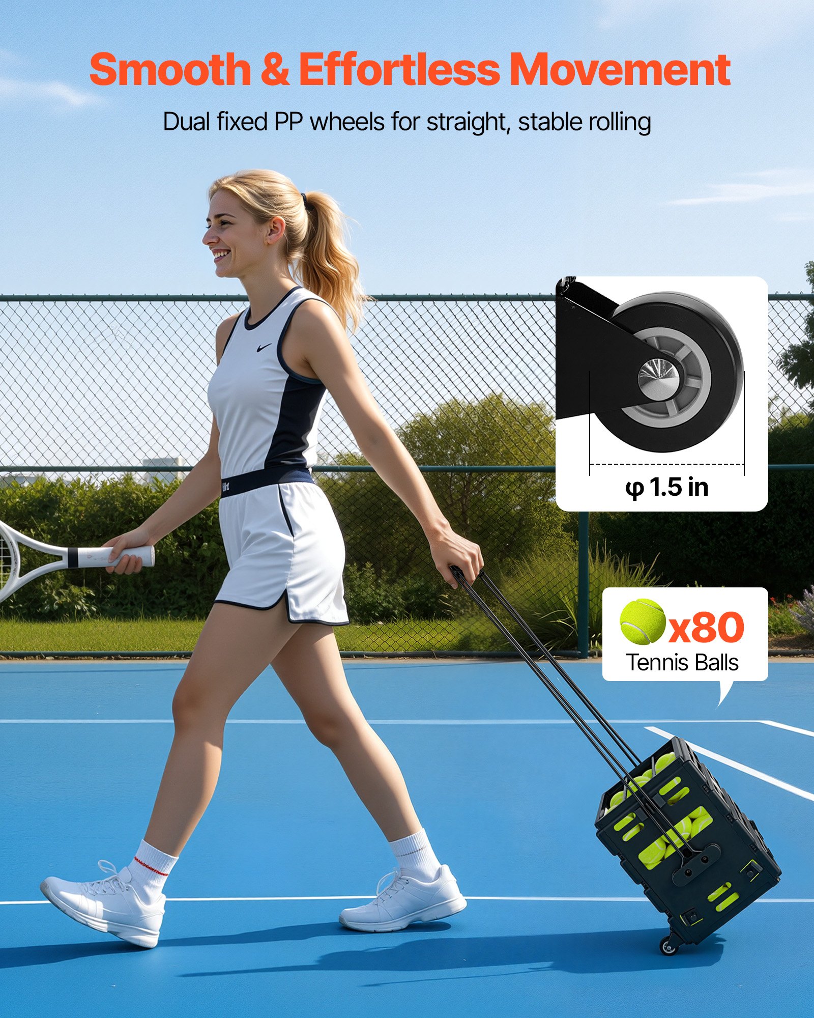 VEVOR Recogepelotas de Tenis con Ruedas y Mango, Cesta Portátil de Tenis con Soporte, Capacidad para 80 Pelotas o 52 Pickleball, Altura Ergonómica, Carro para Entrenamiento Almacenamiento Pista Club