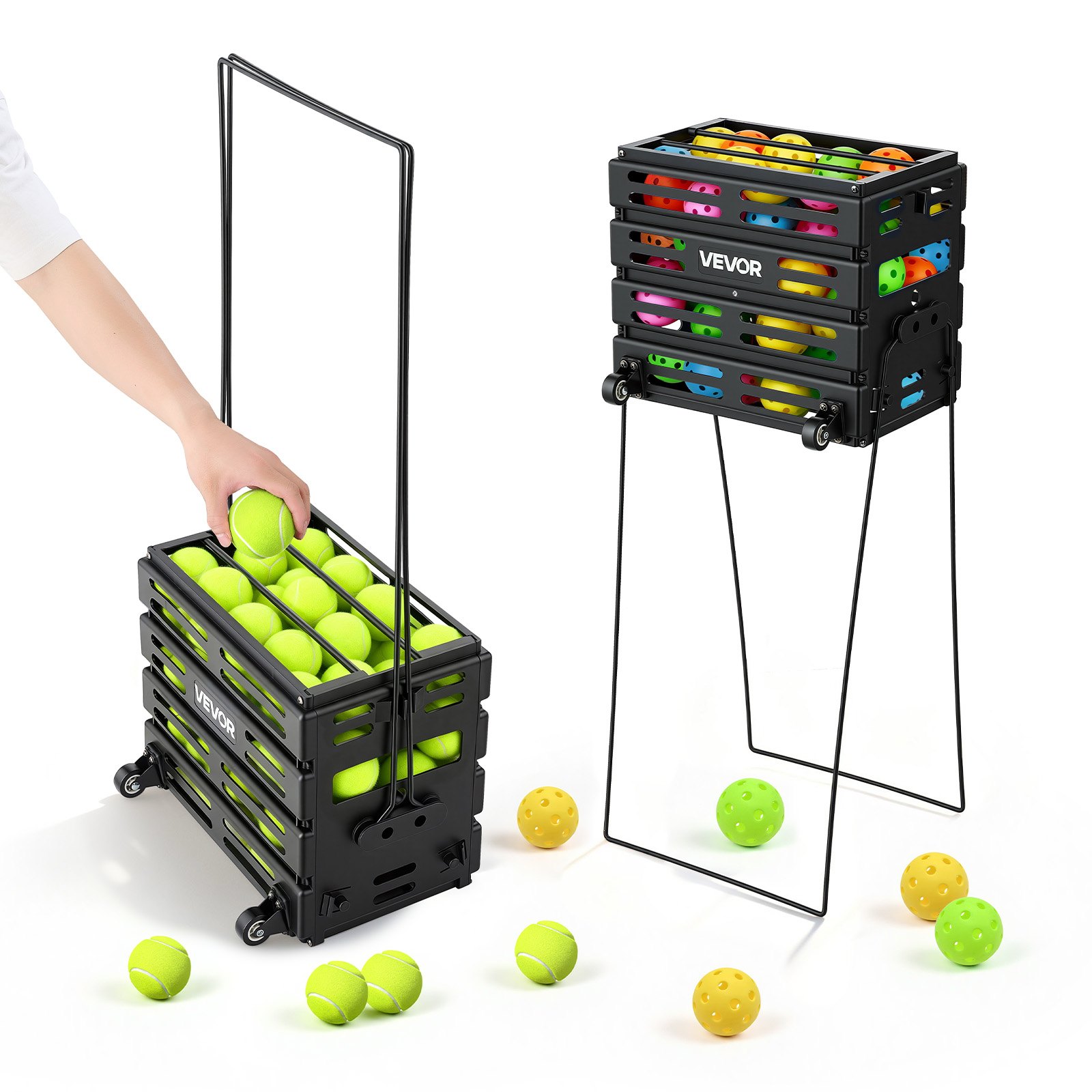 VEVOR Recogepelotas de Tenis con Ruedas y Mango, Cesta Portátil de Tenis con Soporte, Capacidad para 80 Pelotas o 52 Pickleball, Altura Ergonómica, Carro para Entrenamiento Almacenamiento Pista Club