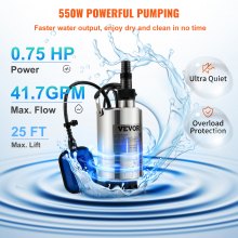 VEVOR Bomba Sumergible de Aguas Residuales 550W 0,75HP Bomba de Agua Sumergible Flujo Máximo de 158 L/min Bomba de Agua Sucia Elevación Máxima de 7,5m para Bombear Agua de Piscinas, Sótanos, Estanques