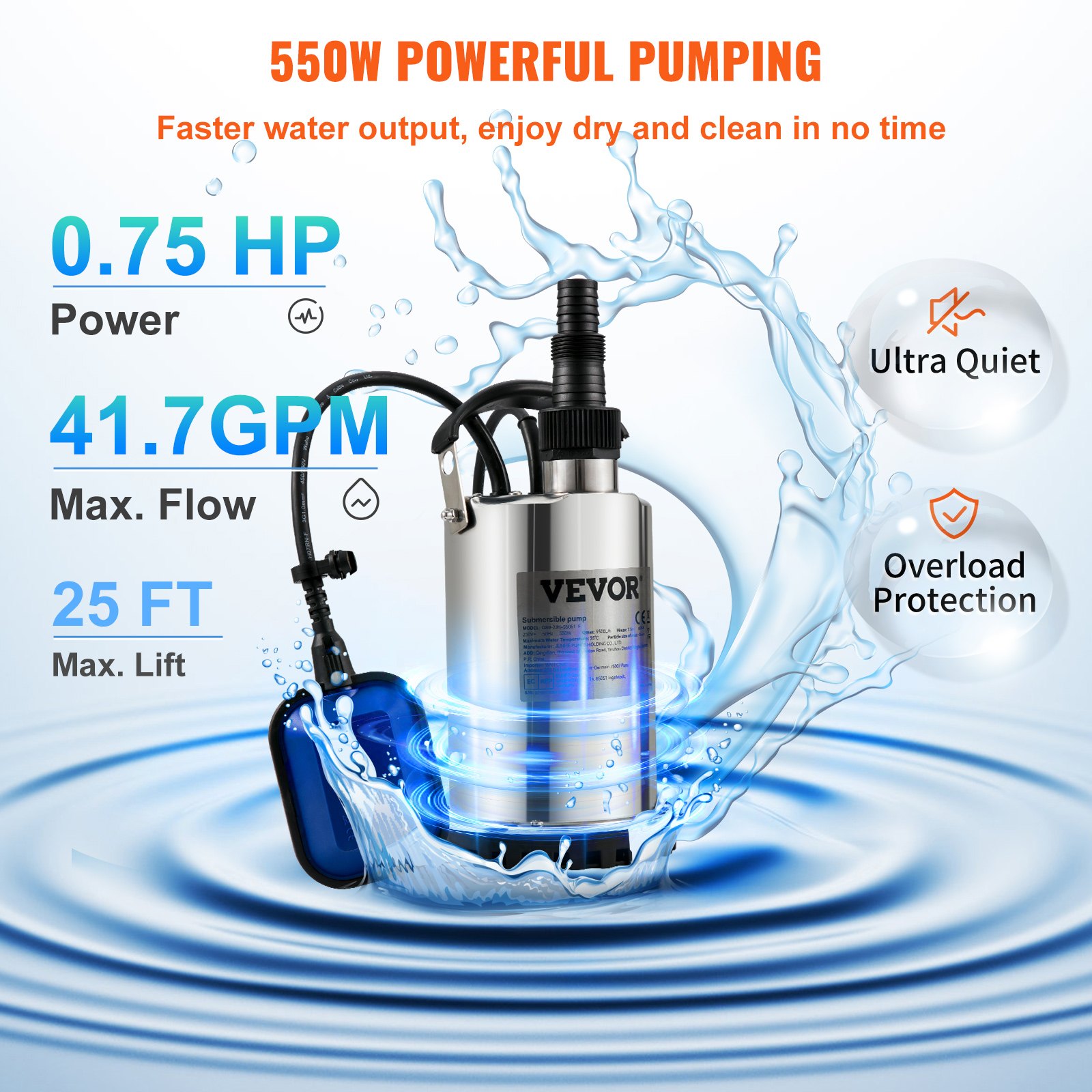 VEVOR Bomba Sumergible de Aguas Residuales 550W 0,75HP Bomba de Agua Sumergible Flujo Máximo de 158 L/min Bomba de Agua Sucia Elevación Máxima de 7,5m para Bombear Agua de Piscinas, Sótanos, Estanques
