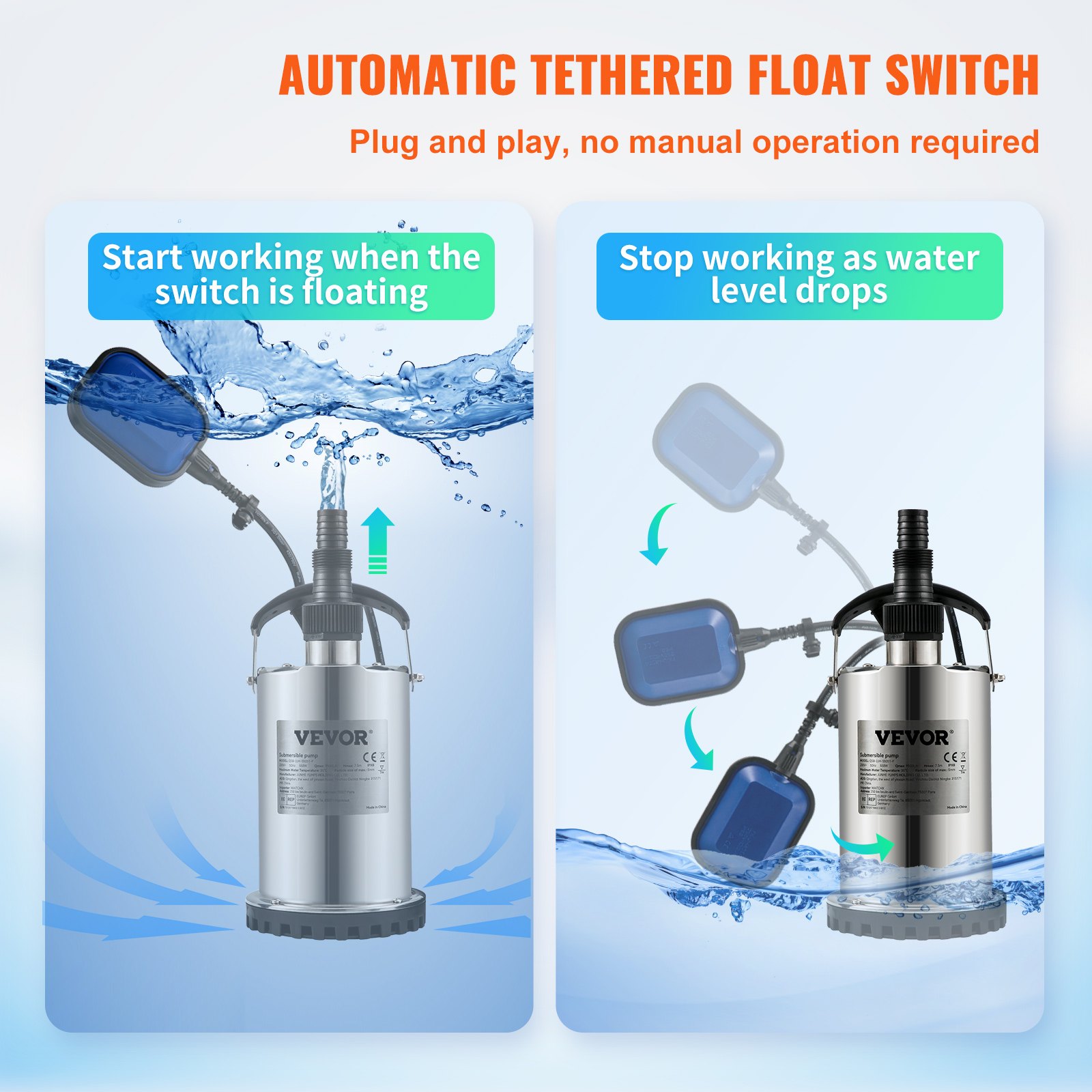 VEVOR Bomba Sumergible de Aguas Residuales 550W 0,75HP Bomba de Agua Sumergible Flujo Máximo de 158 L/min Bomba de Agua Sucia Elevación Máxima de 7,5m para Bombear Agua de Piscinas, Sótanos, Estanques