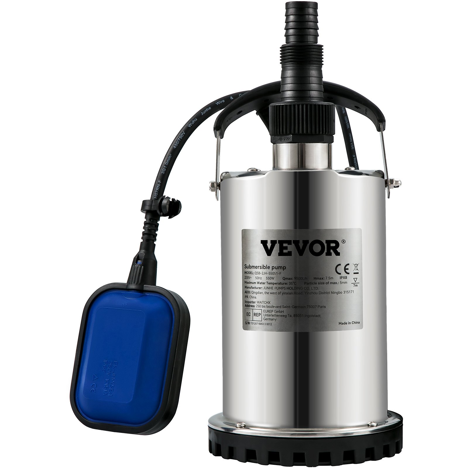 VEVOR Bomba Sumergible de Aguas Residuales 550W 0,75HP Bomba de Agua Sumergible Flujo Máximo de 158 L/min Bomba de Agua Sucia Elevación Máxima de 7,5m para Bombear Agua de Piscinas, Sótanos, Estanques