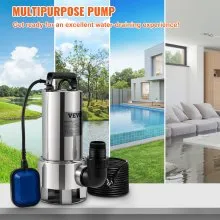 VEVOR Bomba Sumergible de Aguas Residuales 1300W 1,75HP Bomba de Agua Sumergible Flujo Máximo de 333,3L/min Bomba de Agua Sucia Elevación Máxima de 11m para Bombear Agua de Piscinas, Sótanos, Estanque