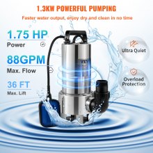 VEVOR Bomba Sumergible de Aguas Residuales 1300W 1,75HP Bomba de Agua Sumergible Flujo Máximo de 333,3L/min Bomba de Agua Sucia Elevación Máxima de 11m para Bombear Agua de Piscinas, Sótanos, Estanque
