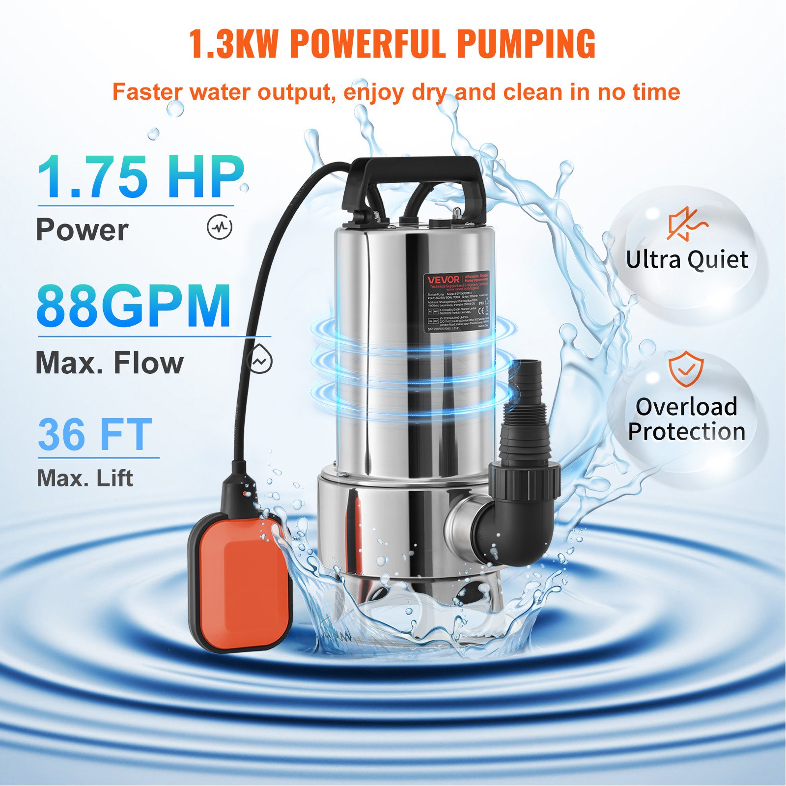 VEVOR Bomba Sumergible de Aguas Residuales 1300W 1,75HP Bomba de Agua Sumergible Flujo Máximo de 333,3L/min Bomba de Agua Sucia Elevación Máxima de 11m para Bombear Agua de Piscinas, Sótanos, Estanque