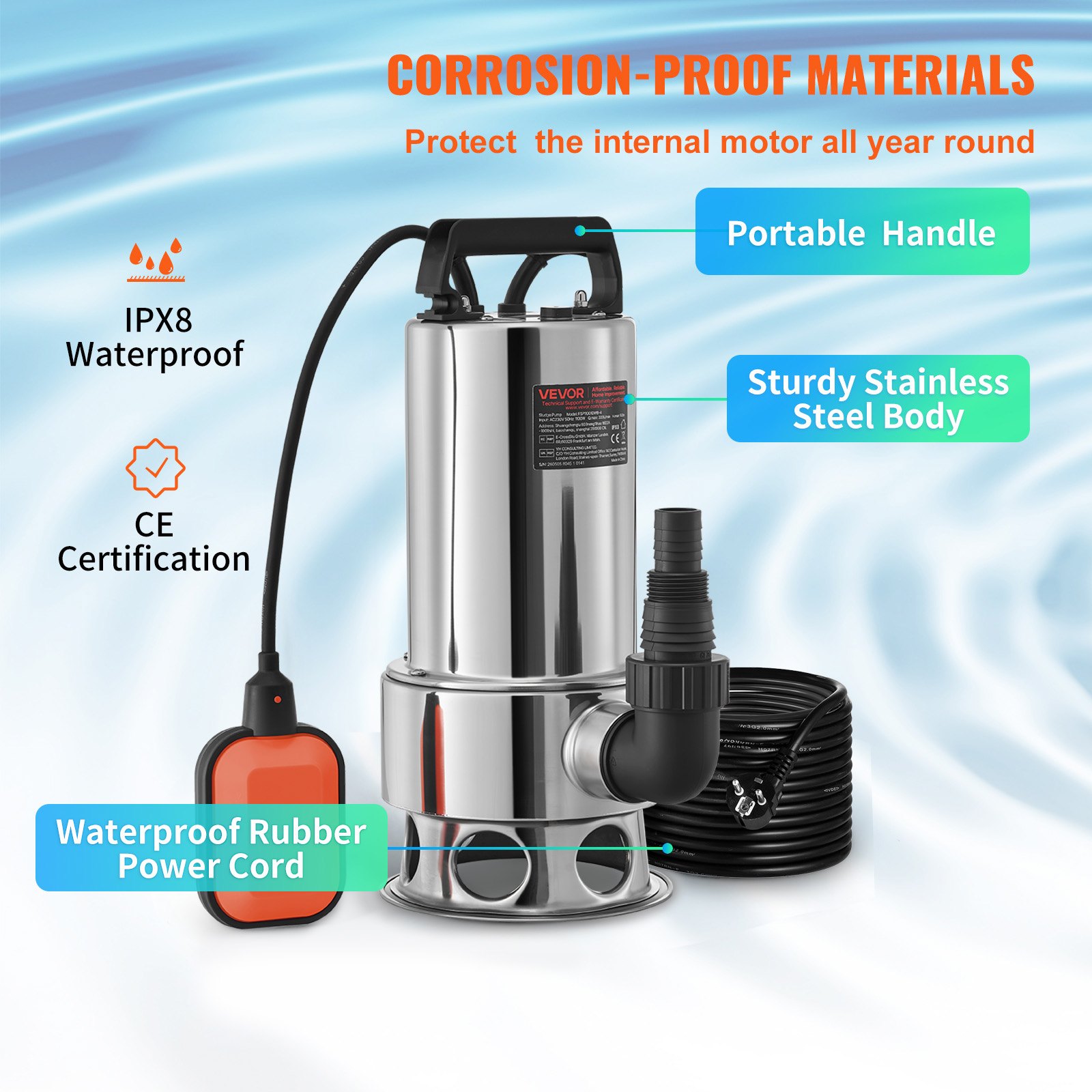 VEVOR Bomba Sumergible de Aguas Residuales 1300W 1,75HP Bomba de Agua Sumergible Flujo Máximo de 333,3L/min Bomba de Agua Sucia Elevación Máxima de 11m para Bombear Agua de Piscinas, Sótanos, Estanque