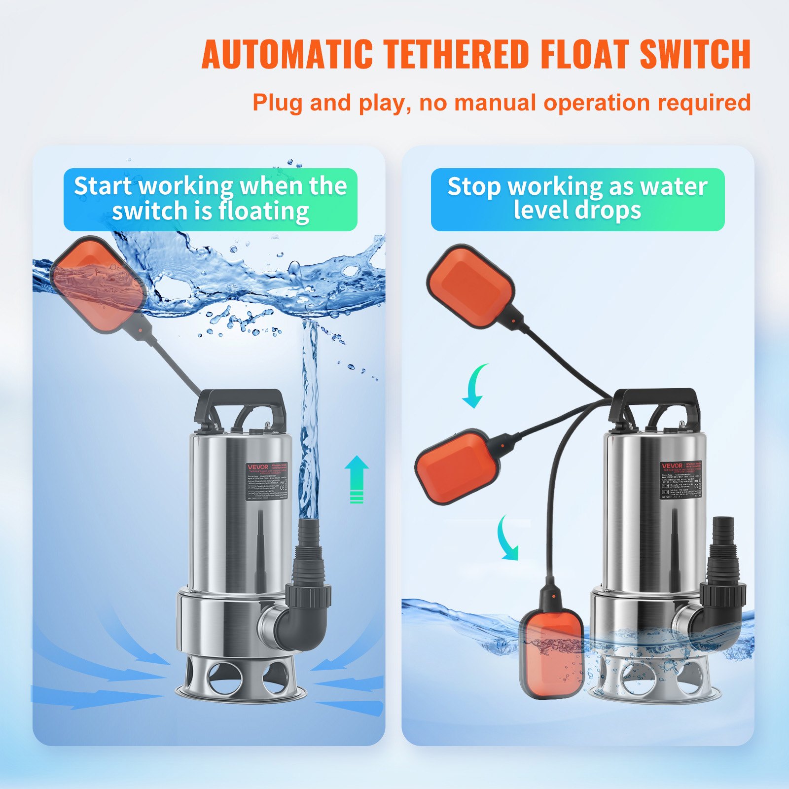 VEVOR Bomba Sumergible de Aguas Residuales 1300W 1,75HP Bomba de Agua Sumergible Flujo Máximo de 333,3L/min Bomba de Agua Sucia Elevación Máxima de 11m para Bombear Agua de Piscinas, Sótanos, Estanque