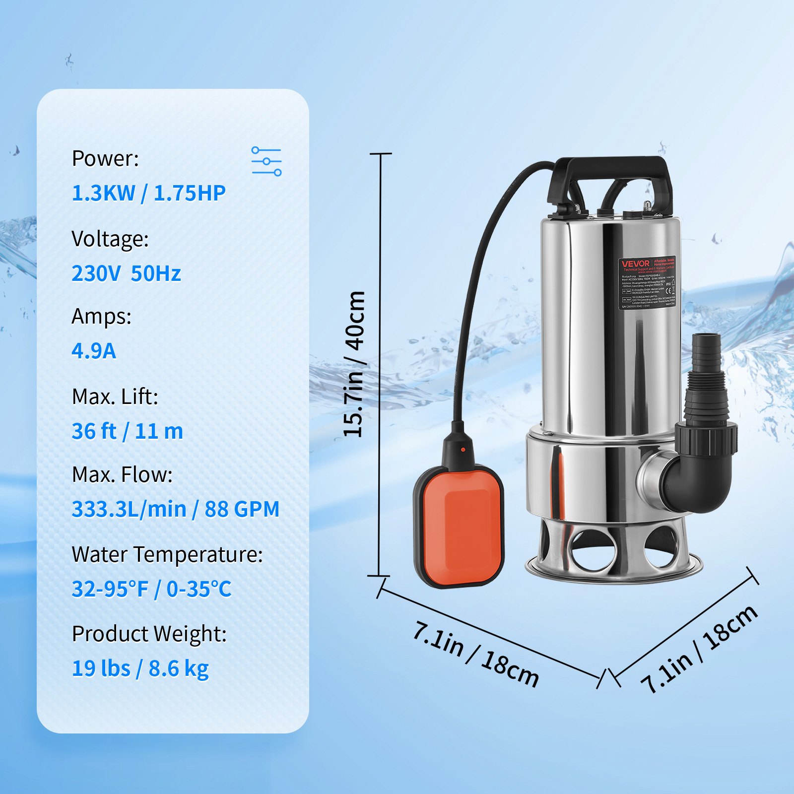 VEVOR Bomba Sumergible de Aguas Residuales 1300W 1,75HP Bomba de Agua Sumergible Flujo Máximo de 333,3L/min Bomba de Agua Sucia Elevación Máxima de 11m para Bombear Agua de Piscinas, Sótanos, Estanque