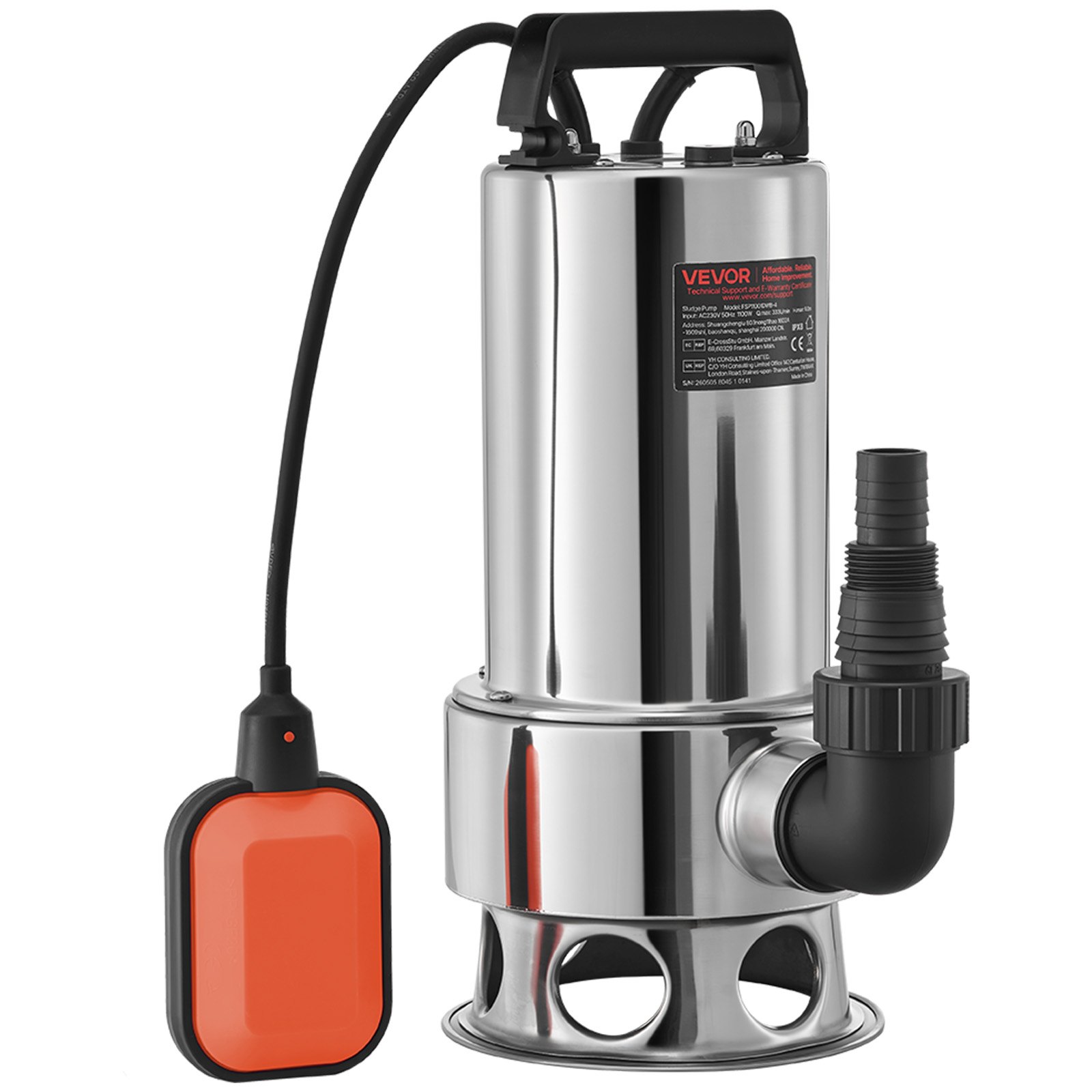VEVOR Bomba Sumergible de Aguas Residuales 1300W 1,75HP Bomba de Agua Sumergible Flujo Máximo de 333,3L/min Bomba de Agua Sucia Elevación Máxima de 11m para Bombear Agua de Piscinas, Sótanos, Estanque