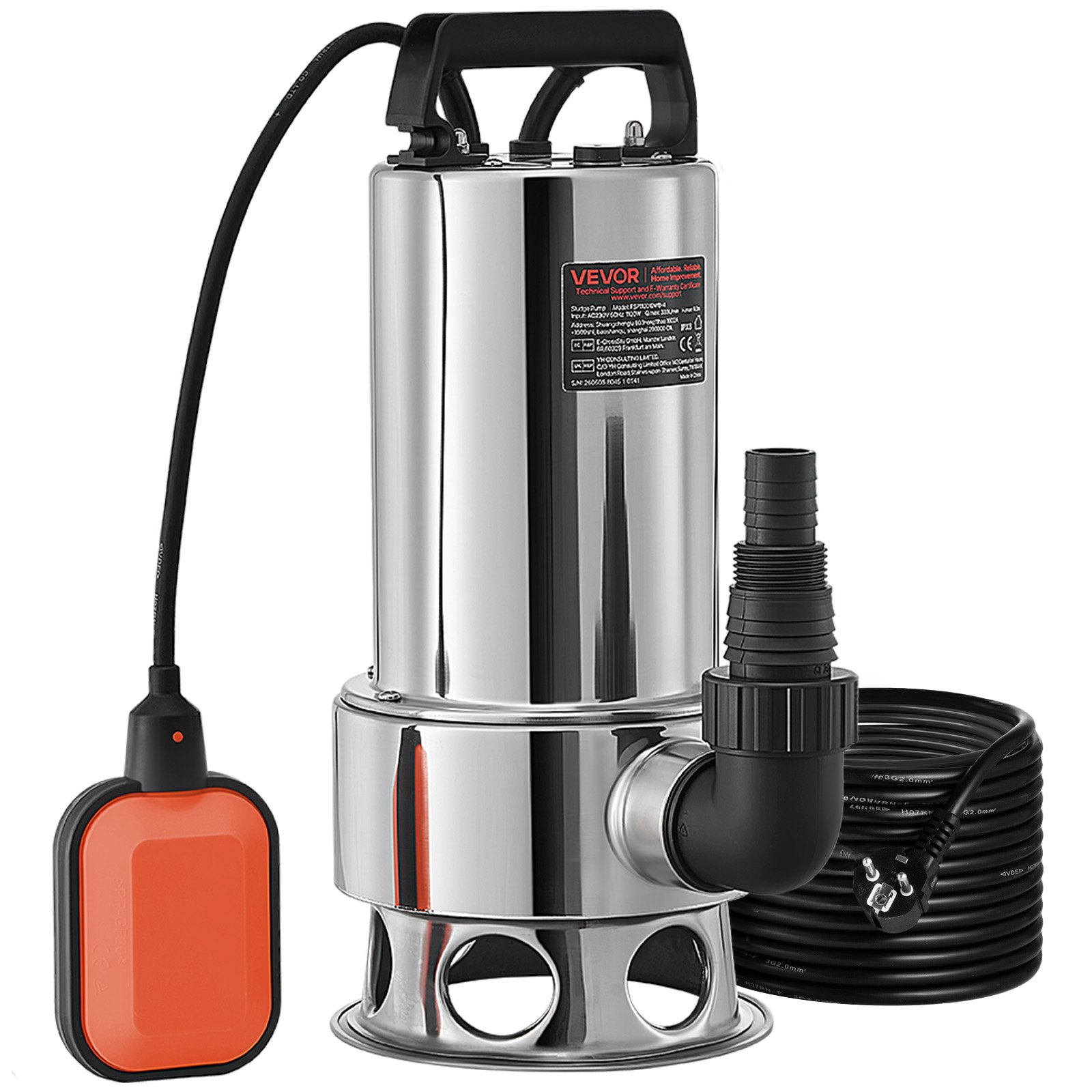 VEVOR Bomba Sumergible de Aguas Residuales 1300W 1,75HP Bomba de Agua Sumergible Flujo Máximo de 333,3L/min Bomba de Agua Sucia Elevación Máxima de 11m para Bombear Agua de Piscinas, Sótanos, Estanque