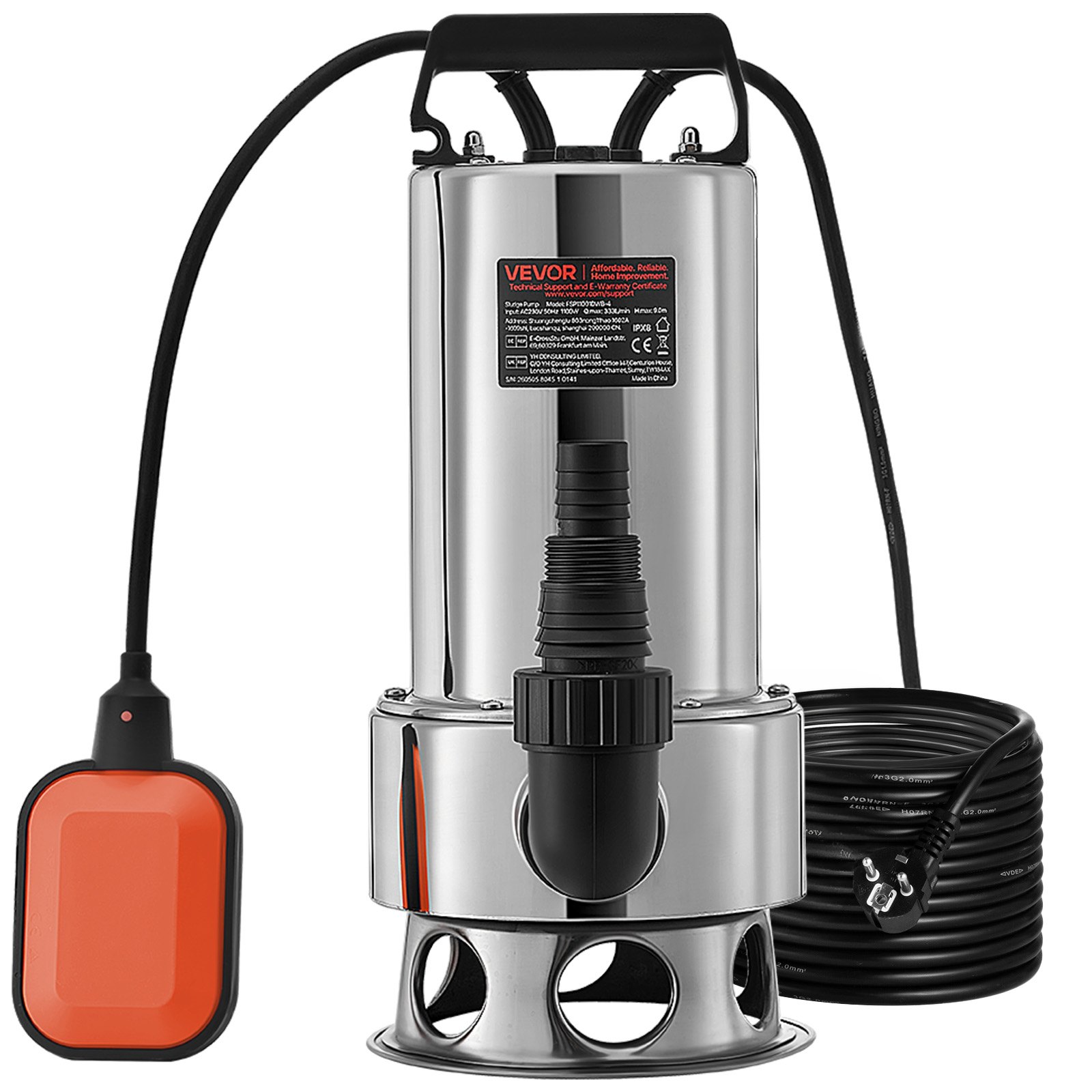 VEVOR Bomba Sumergible de Aguas Residuales 1300W 1,75HP Bomba de Agua Sumergible Flujo Máximo de 333,3L/min Bomba de Agua Sucia Elevación Máxima de 11m para Bombear Agua de Piscinas, Sótanos, Estanque