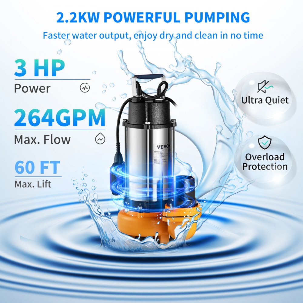 VEVOR Bomba Sumergible de Aguas Residuales 2200W 3HP Bomba de Agua Sumergible Flujo Máximo de 1000 L/min Bomba de Agua Sucia Elevación Máxima de 18 m para Bombear Agua de Piscinas, Sótanos, Estanques