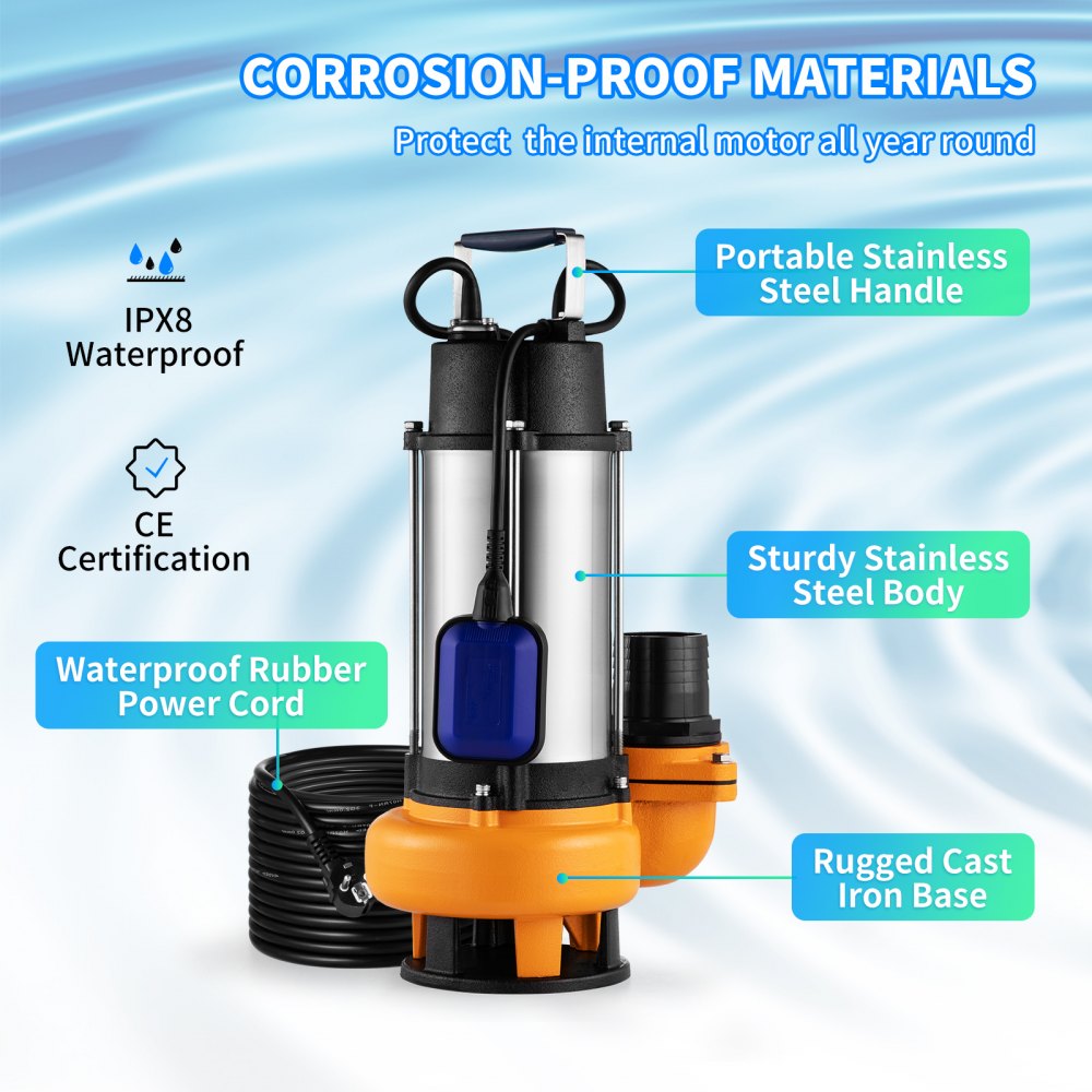 VEVOR Bomba Sumergible de Aguas Residuales 2200W 3HP Bomba de Agua Sumergible Flujo Máximo de 1000 L/min Bomba de Agua Sucia Elevación Máxima de 18 m para Bombear Agua de Piscinas, Sótanos, Estanques